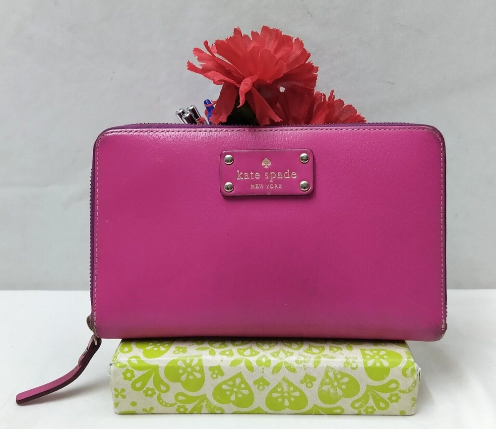 Kate Spade Pink Leather Zip Around Credit Card ID Window Zip Large Wallet